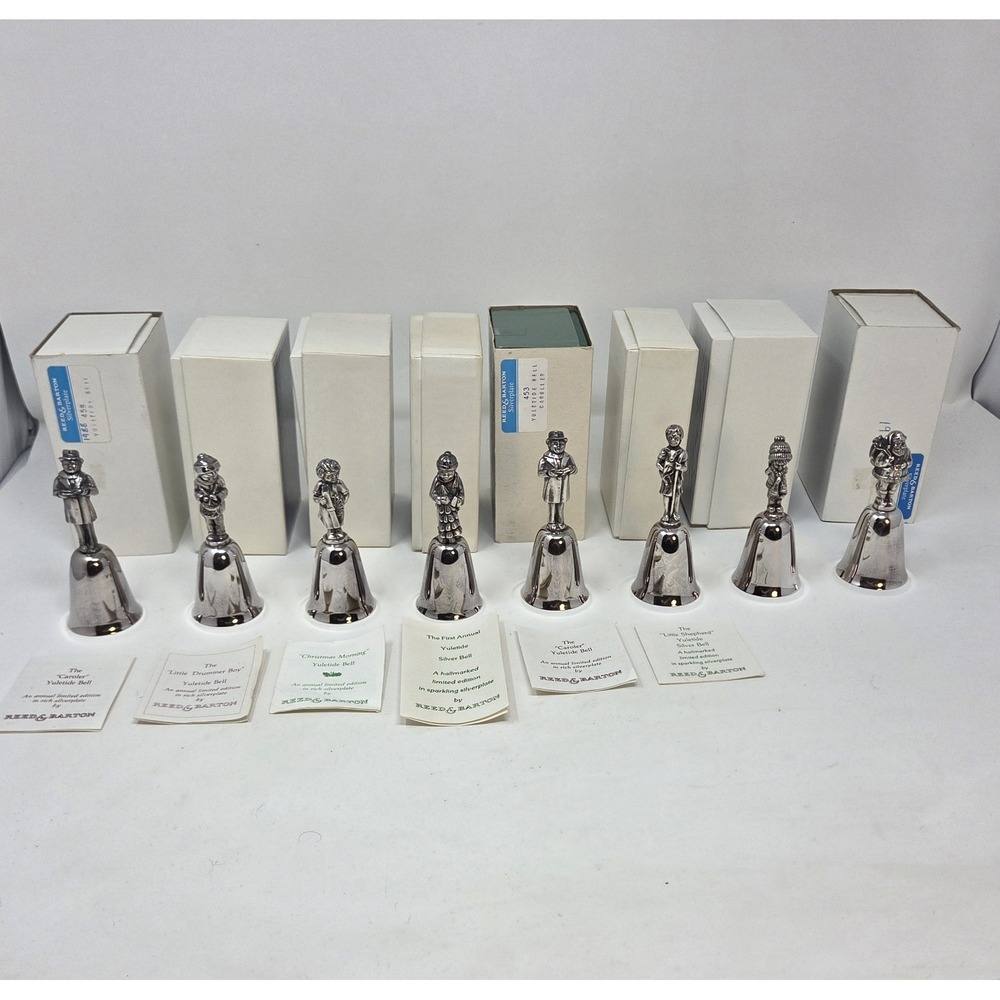 Reed & Barton Yuletide Bell Lot 8 Silverplate Christmas Figural Bells w/ Boxes